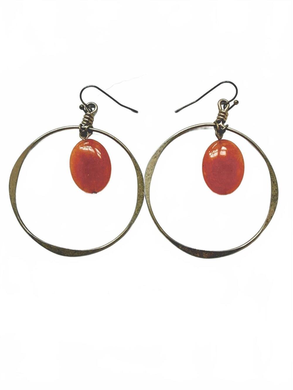 Orange Aventurine Gemstone Brass Hoop Earrings